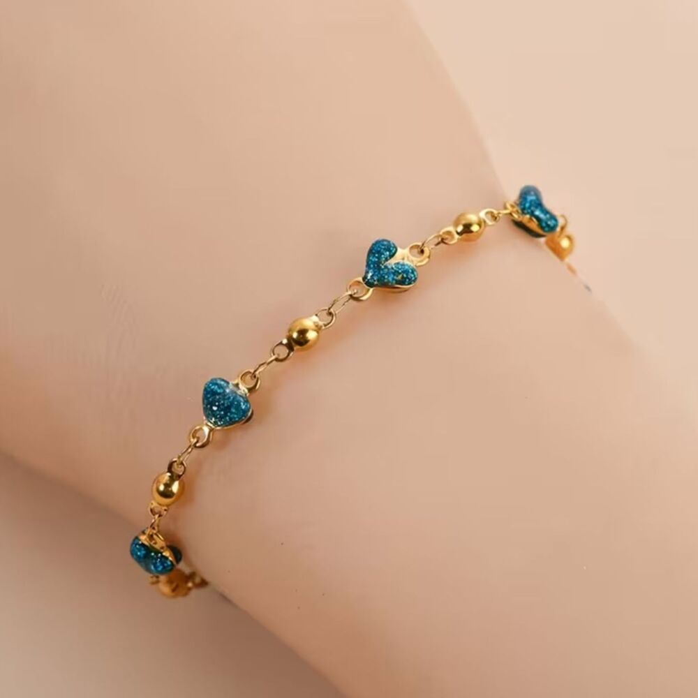 Gold Plated Stainless Blue Heart Beaded Bracelet Dainty Gemstone Pendant Chain